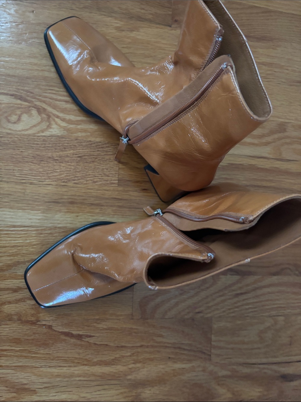 INTENTIONALLY BLANK Tan Patent Leather Square Toe Ankle Boots